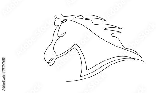 Horse head art in single outline illustration. Continuous line art drawing of wild stallion head.