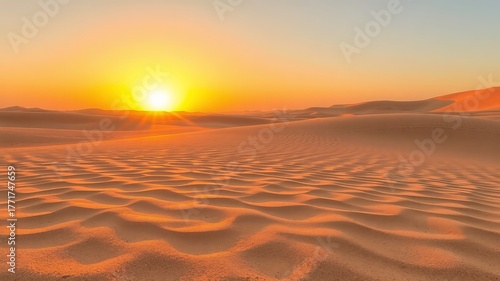 Fototapeta Naklejka Na Ścianę i Meble -  The captivating golden sunset casts warm light over the rippled sand dunes of the vast desert landscape, creating a serene and tranquil scene of nature's beauty.