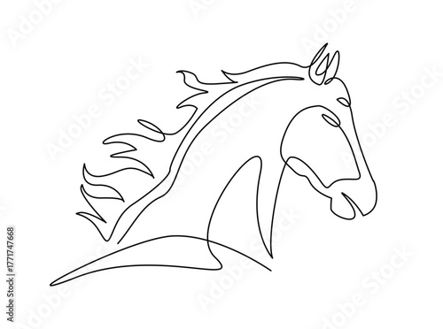 Horse head art in single outline illustration. Continuous line art drawing of wild stallion head.