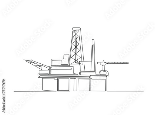 Petrol drilling platform in the ocean single outline draw illustration. Continuous line art drawing of Offshore oil rig in the ocean. Editable stroke.