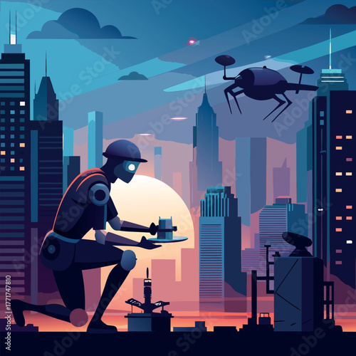 Silhouette of a humanoid robot repairing a flying drone under city lights