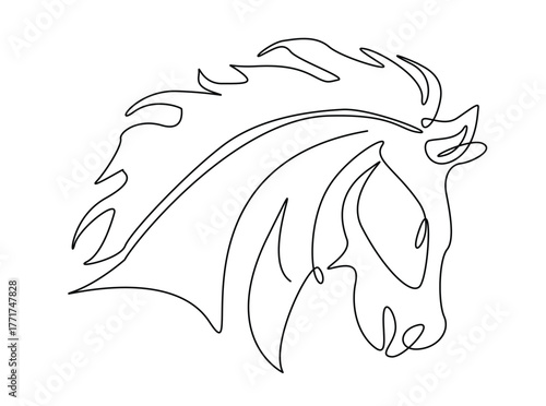 Horse head art in single outline illustration. Continuous line art drawing of wild stallion head.