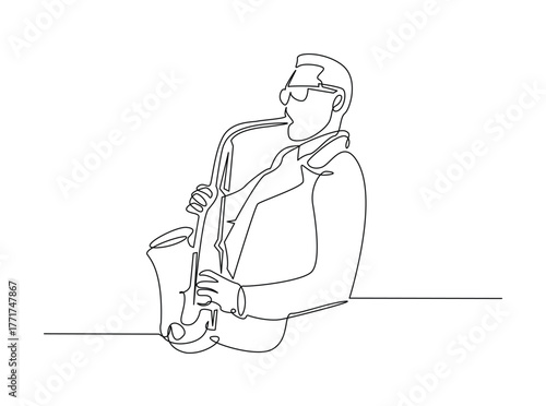 Man playing saxophone outline draw illustration. Continuous line art drawing of Saxophonist Perfomance. Editable stroke.