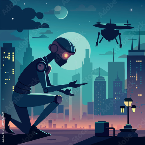 Silhouette of a humanoid robot repairing a flying drone under city lights