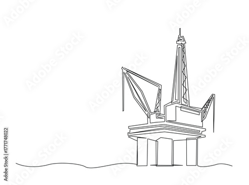 Petrol drilling platform in the ocean single outline draw illustration. Continuous line art drawing of Offshore oil rig in the ocean. Editable stroke.