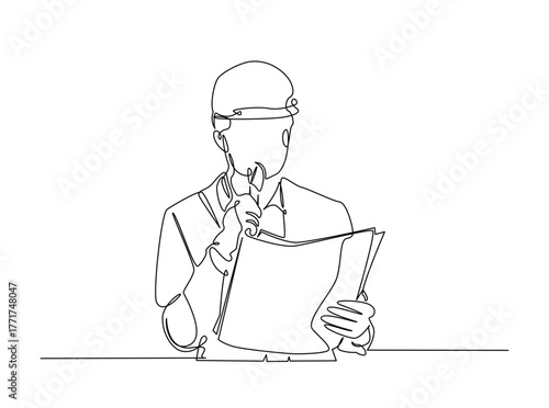 Engineer Reading Blueprint outline draw illustration. Continuous line art drawing of architect or engineer reading blueprint for construction. Editable stroke.