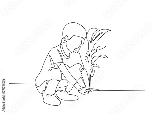 Boy holding a small plant for planting outline draw illustration. Continuous line art drawing of child planting small tree. Editable stroke.