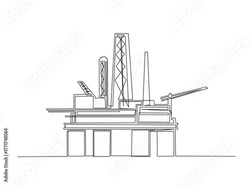 Petrol drilling platform in the ocean single outline draw illustration. Continuous line art drawing of Offshore oil rig in the ocean. Editable stroke.