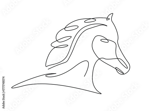 Horse head art in single outline illustration. Continuous line art drawing of wild stallion head.