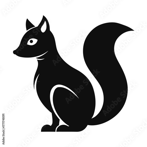 Stylized black silhouette of a squirrel sitting on white background