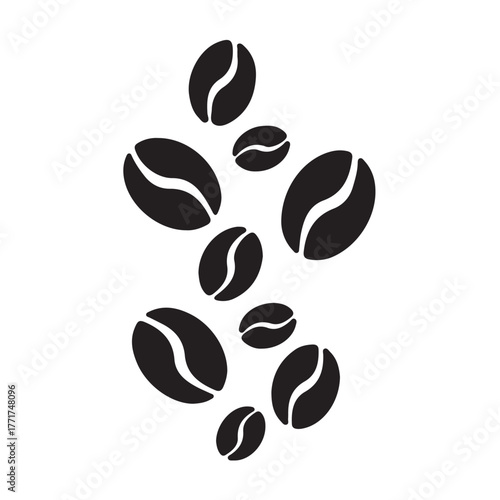 "Coffee Bean Silhouette Pattern – Scattered Black Icons with Central Grooves for Café Branding, Packaging Design, and Coffee-Themed Decorative Projects"