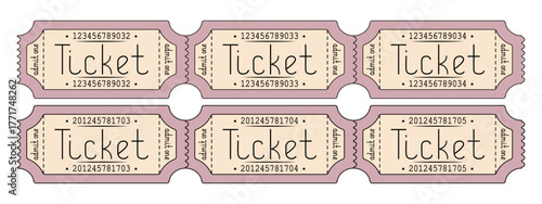 Six pink tickets are tied together. Tickets admit one. Tear-off tickets with different numbers.