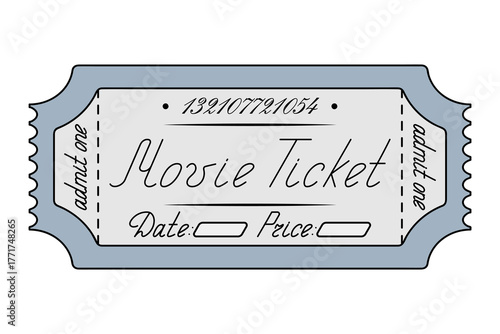 Movie Blue ticket admit one Date and price are indicated Handwritten lettering with a capital letter