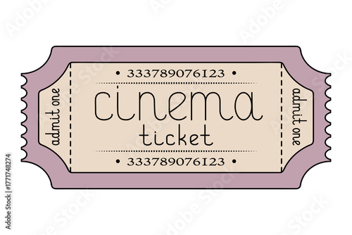 Cinema. Pink ticket admit one. Handwritten lettering in lowercase letters Illustration 
