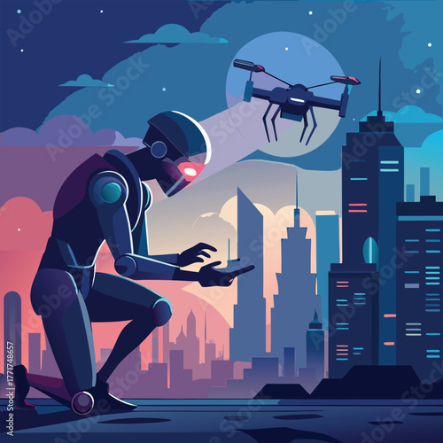 Silhouette of a humanoid robot repairing a flying drone under city lights