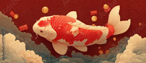 Colorful koi fish swimming gracefully through clouds with golden coins, symbolizing prosperity and good fortune in a festive atmosphere