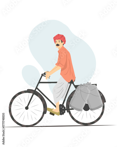 Bicycle Delivery Action, Milkman Rider, Indian Village, Illustration, Outdoor Setting, Side View, Cultural Tradition