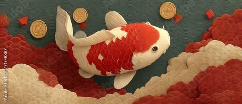 Colorful koi fish swimming gracefully through vibrant waves, surrounded by decorative coins, embodying prosperity and good fortune in a festive atmosphere