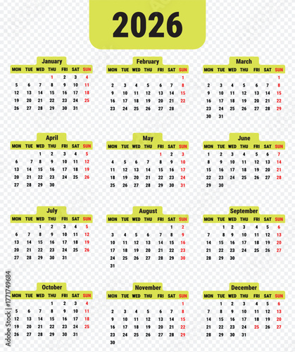 2026 Portrait Yearly calendar, monday start