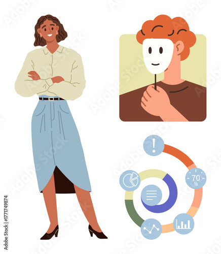 Person confidently smiling with arms crossed, adjacent person holding mask, and circular diagram with data metrics. Ideal for identity, self-expression, analytics, professional growth, authenticity