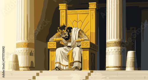 A King's Reverie Solitary Ruler Contemplating Power on a Grand Golden Throne Amidst Classical Architecture