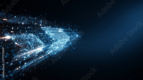Digital data stream forms an illuminated arrow moving rapidly across a dark blue background