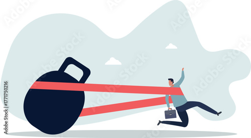 businessman tied up with red tape trying to run away with full effort.life and employment of people.