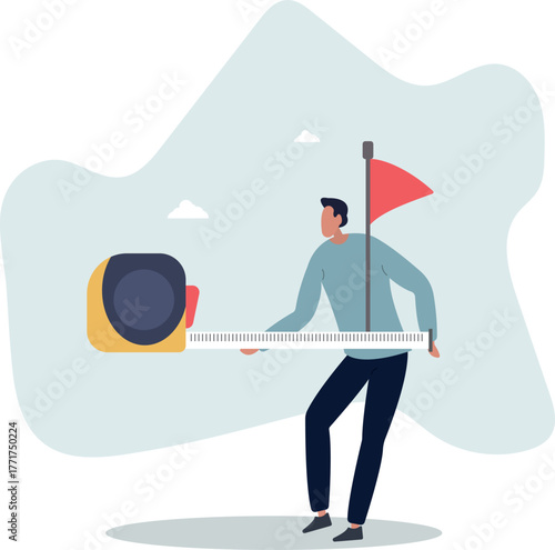 growth metric analysis concept, smart businessman using measuring tape to measure and analyze distance from target flag..life and employment of people.