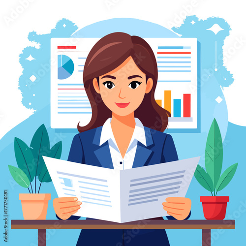 Professional Woman in Business Attire Reading a Newspaper with Financial Charts in Background, Representing News and Information
