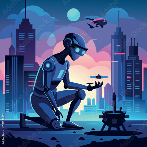 Silhouette of a humanoid robot repairing a flying drone under city lights