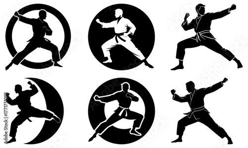 Dynamic martial artists in powerful stances, showcasing discipline and strength with bold graphic silhouettes for sport and combat themes.