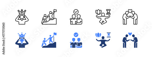 Confidence, Leadership, Supportive, Patience, Courtesy with two styles, line and duotone icon.