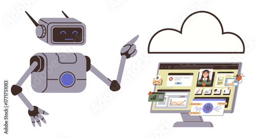 Robot pointing at a cloud and viewing a computer monitor displaying files, analytics, and images. Ideal for AI, cloud computing, automation, technology, data management, machine learning innovation