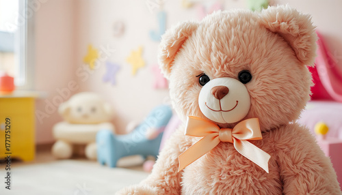 Cute teddy bear with a bow sitting in a colorful children's room with soft toys and decor