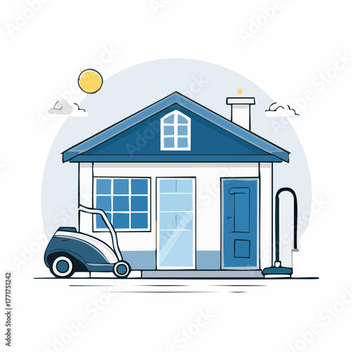 Blue House Illustration with Lawn Mower and Vacuum Cleaner, Home Maintenance Concept