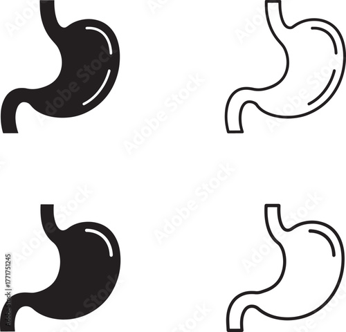 Set of four stomach icons in black solid fill and outline styles for medical illustration