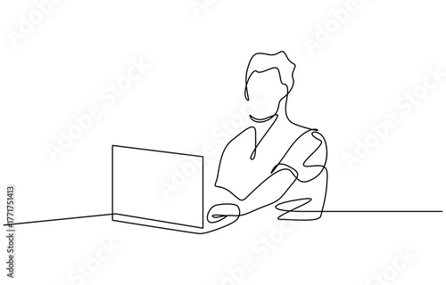 Man working on laptop and tablet in minimalist line art style. Minimalist single line art vector illustration