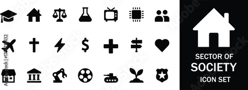 “Sector of Society Icon Set — Black Silhouette Vector Collection Representing Education, Law, Science, Media, Technology, and More”