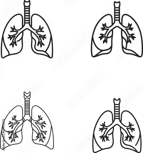 Four hand drawn outline illustrations of human lungs and trachea on white background
