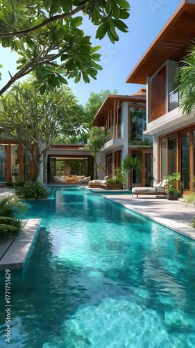 Wallpaper Mural Luxury Retreat Oasis: A tranquil haven unfolds, showcasing a stunning modern house, complemented by a sparkling swimming pool, lush greenery, and the embrace of a bright, sunny day. Torontodigital.ca