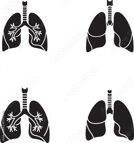 Set of four black silhouette illustrations of human lungs and trachea on a white background
