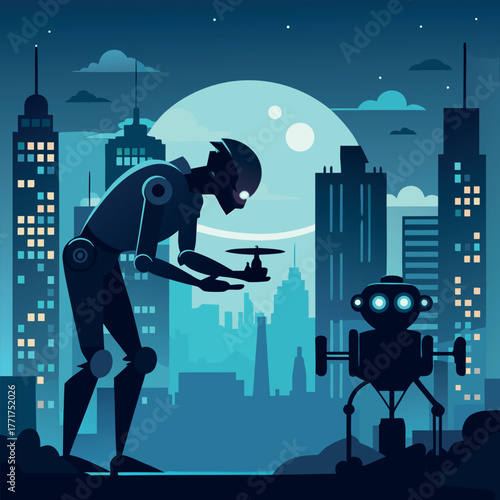 Silhouette of a humanoid robot repairing a flying drone under city lights