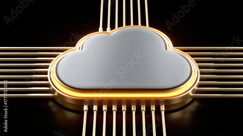 Digital cloud chip in financial technology concept with glowing gold lines on black background