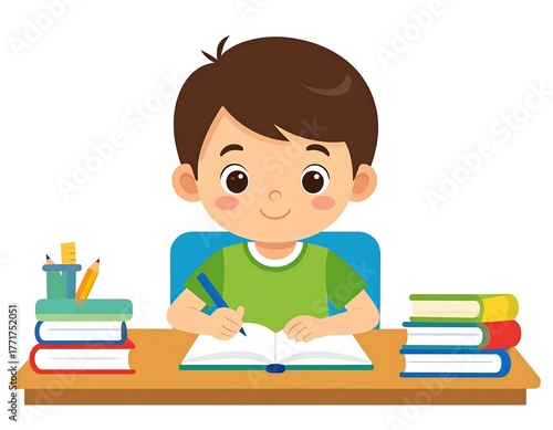 A cartoon child sits at a desk, writing in a notebook, surrounded by books and stationery