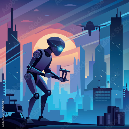 Silhouette of a humanoid robot repairing a flying drone under city lights