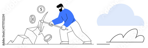 Worker swinging pickaxe to uncover currency coins from rocks representing wealth creation and effort. Ideal for finance, investment, saving, cryptocurrency, mining, economy, business growth. Simple