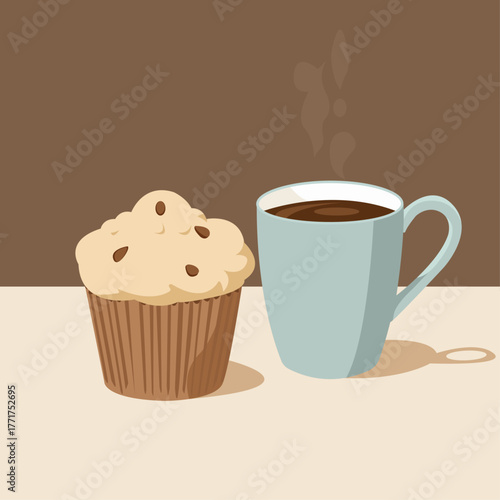 fragrant muffin with a morning cup of coffee, illustration