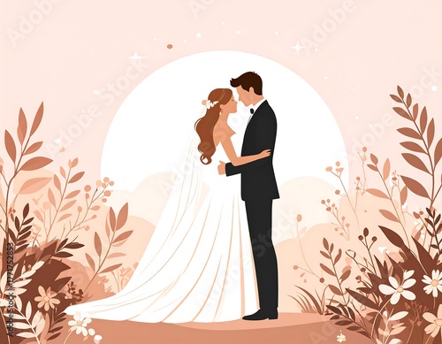 A cartoon couple embraces on their wedding day, surrounded by flowers and a soft background
