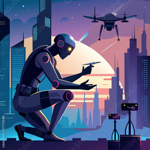 Silhouette of a humanoid robot repairing a flying drone under city lights