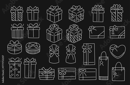 ゆるくてかわいい手書きプレゼントボックス白線（黒背景）